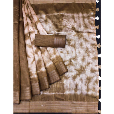 Brown Printed Cotton Blend Saree With Tassels