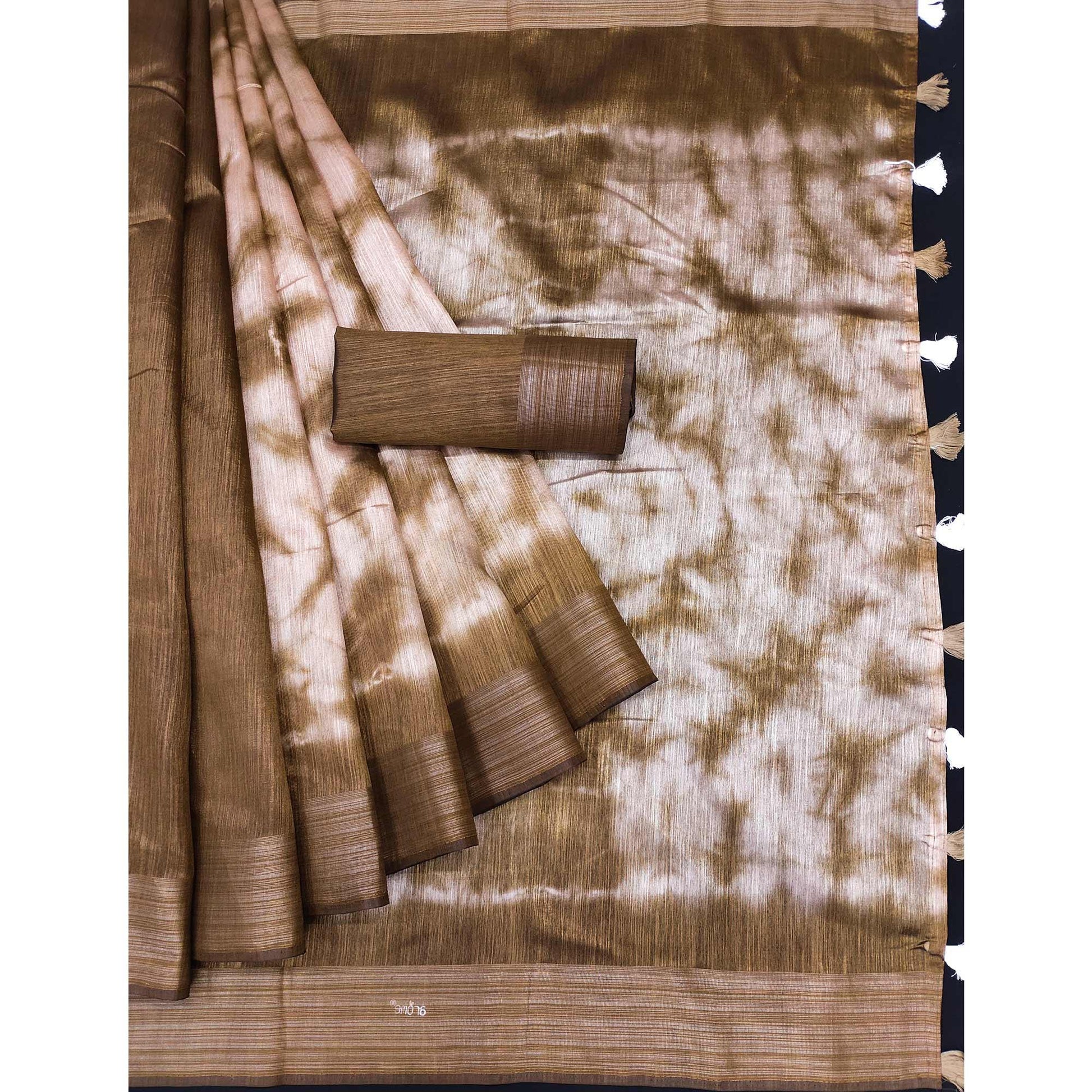 Brown Printed Cotton Blend Saree With Tassels