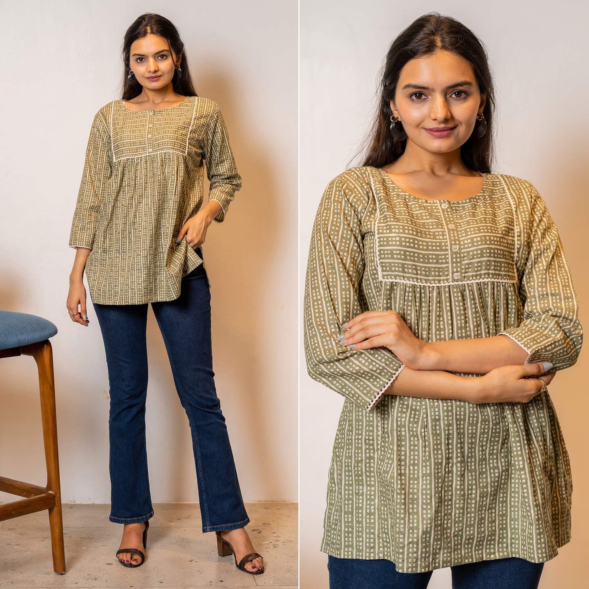 Brown Printed Cotton Blend Top