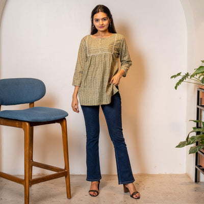 Brown Printed Cotton Blend Top