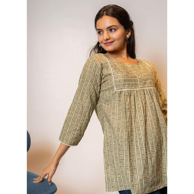 Brown Printed Cotton Blend Top