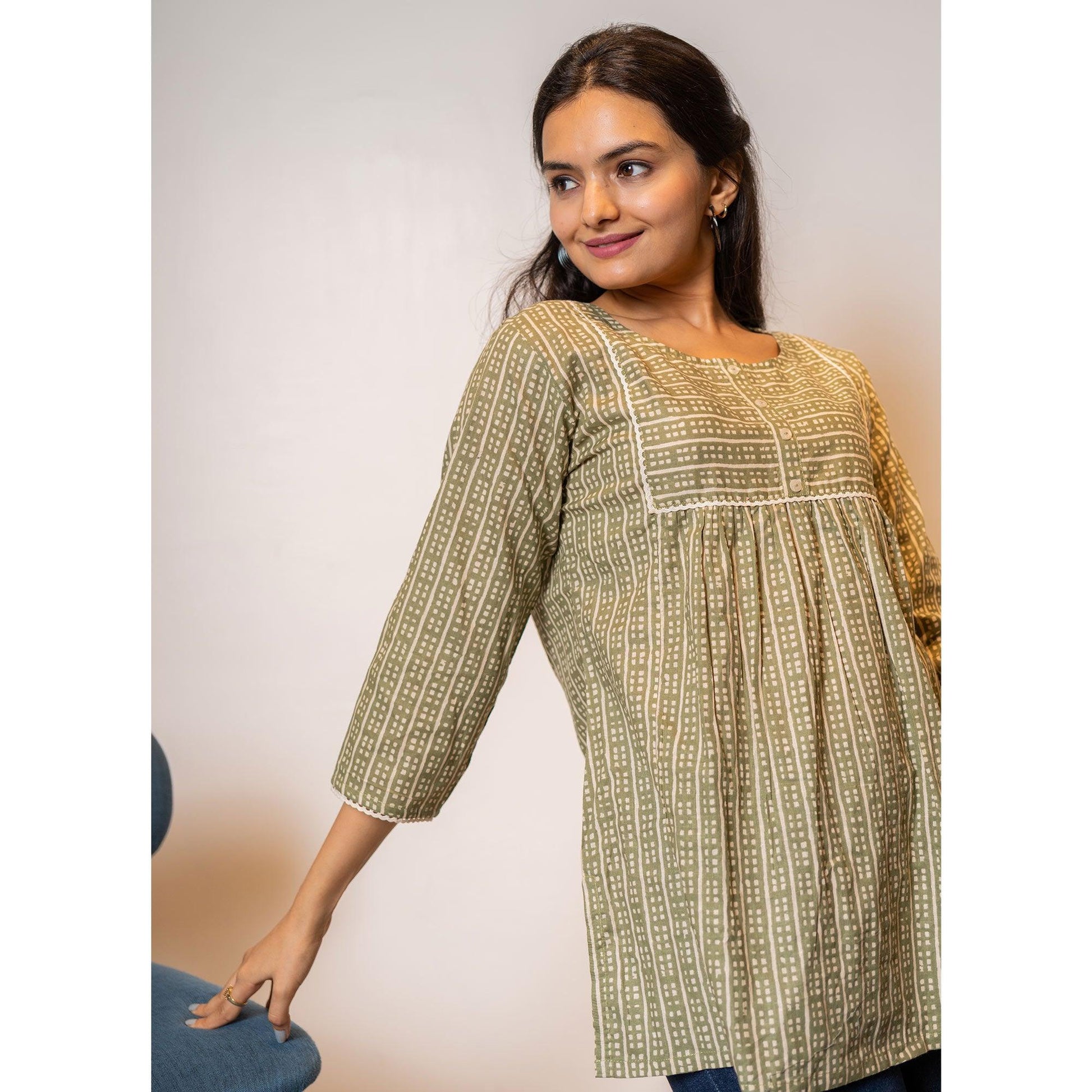 Brown Printed Cotton Blend Top