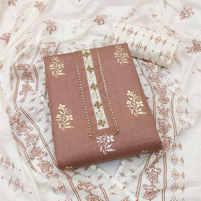 Brown Printed Pure Cotton Dress Material