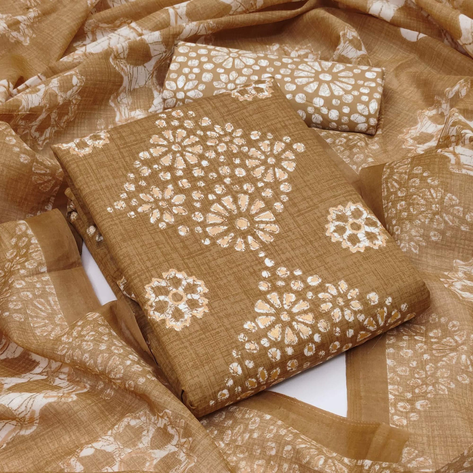 Brown Printed Pure Cotton Dress Material