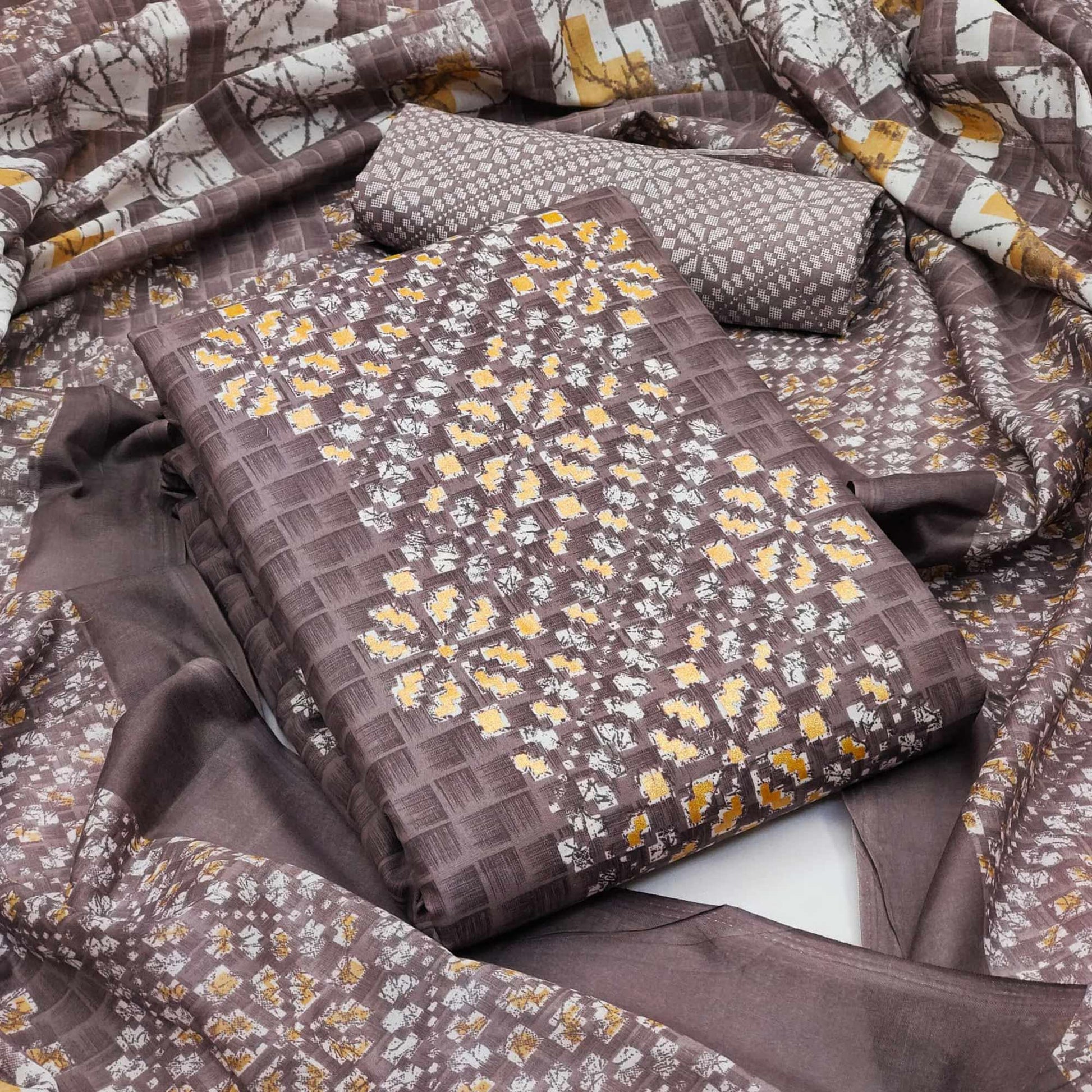 Brown Printed Pure Cotton Dress Material