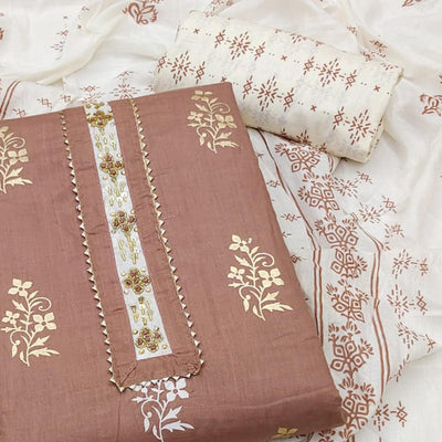 Brown Printed Pure Cotton Dress Material