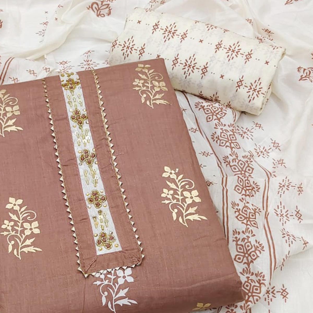 Brown Printed Pure Cotton Dress Material