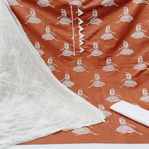 Brown Printed Pure Cotton Dress Material