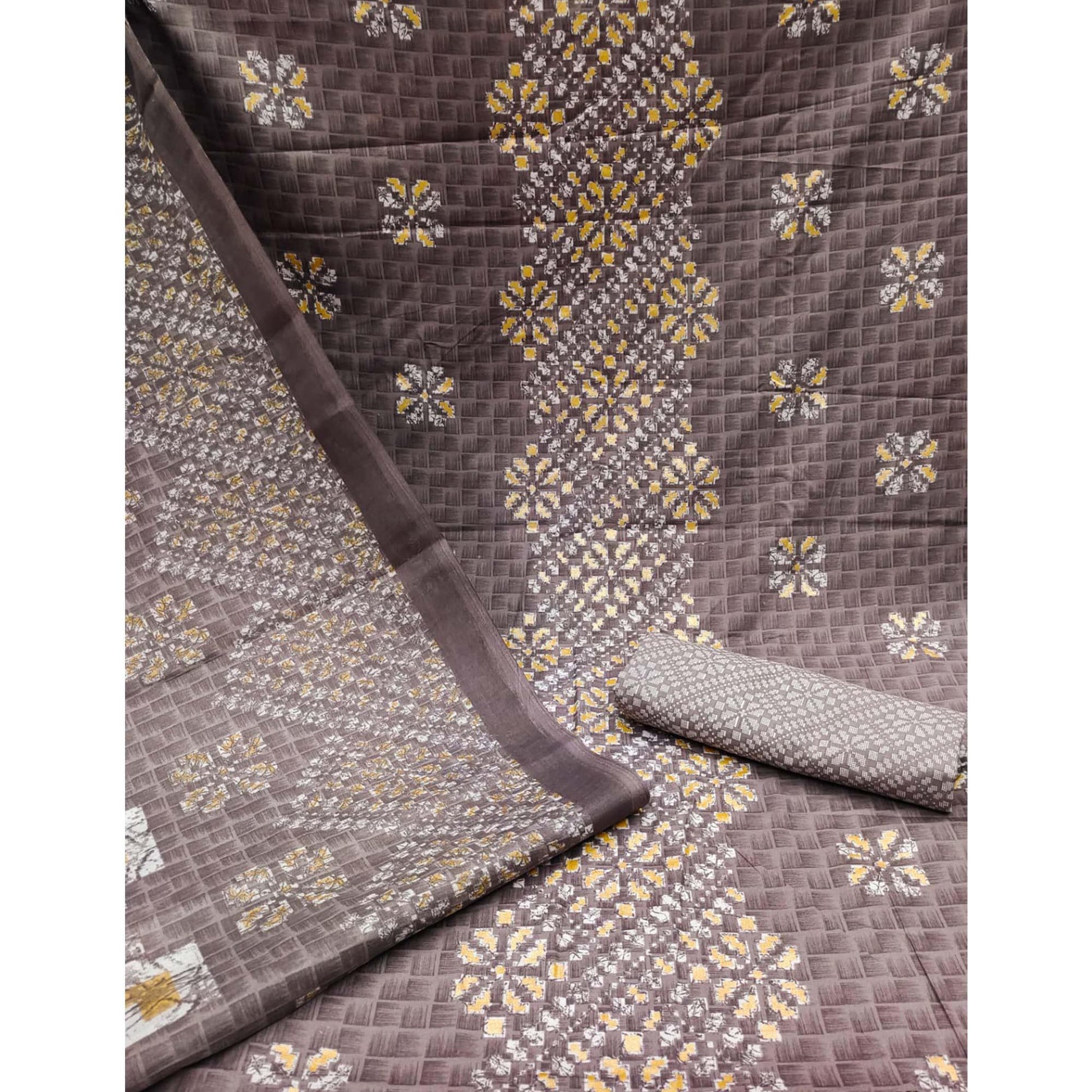 Brown Printed Pure Cotton Dress Material