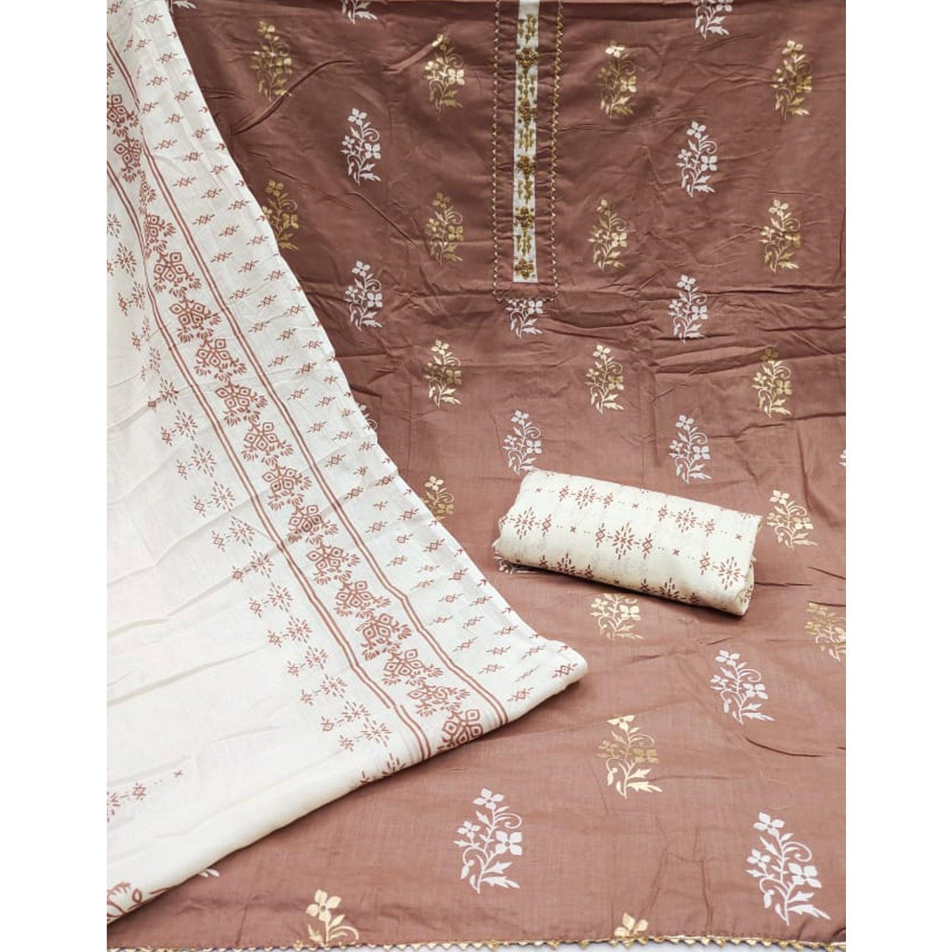 Brown Printed Pure Cotton Dress Material