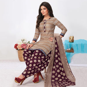 Brown Printed Pure Cotton Patiala Dress Material