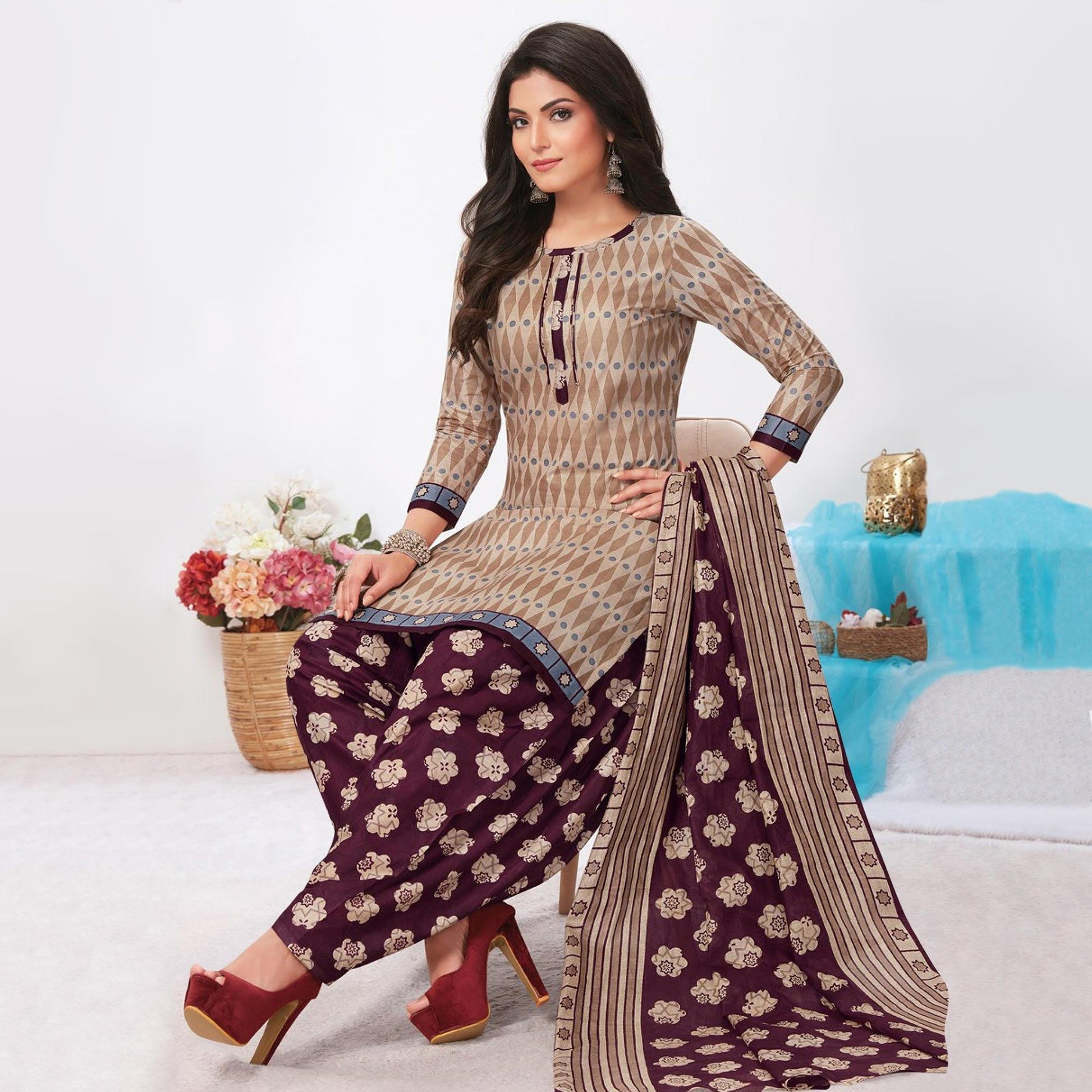 Brown Printed Pure Cotton Patiala Dress Material