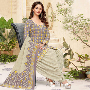 Brown Printed Pure Cotton Patiala Dress Material