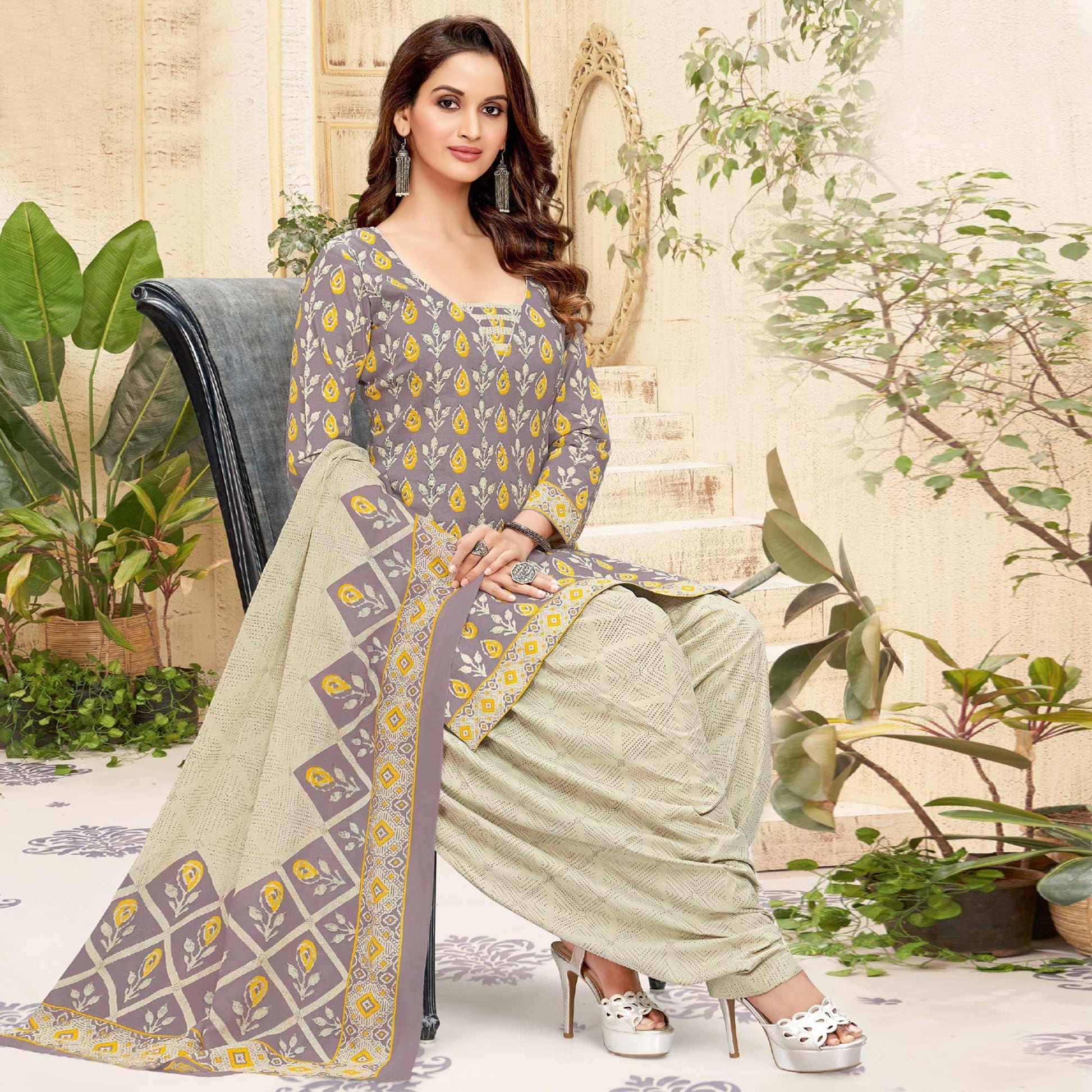 Brown Printed Pure Cotton Patiala Dress Material