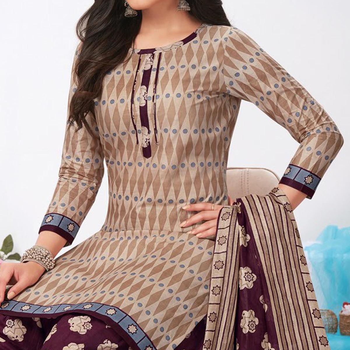 Brown Printed Pure Cotton Patiala Dress Material