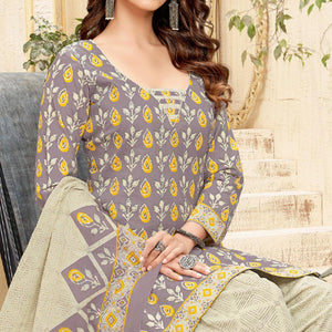 Brown Printed Pure Cotton Patiala Dress Material