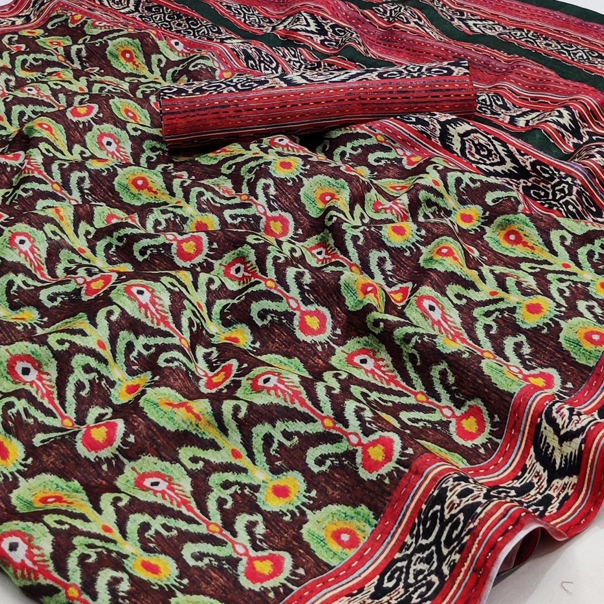 Brown Printed Pure Cotton Saree