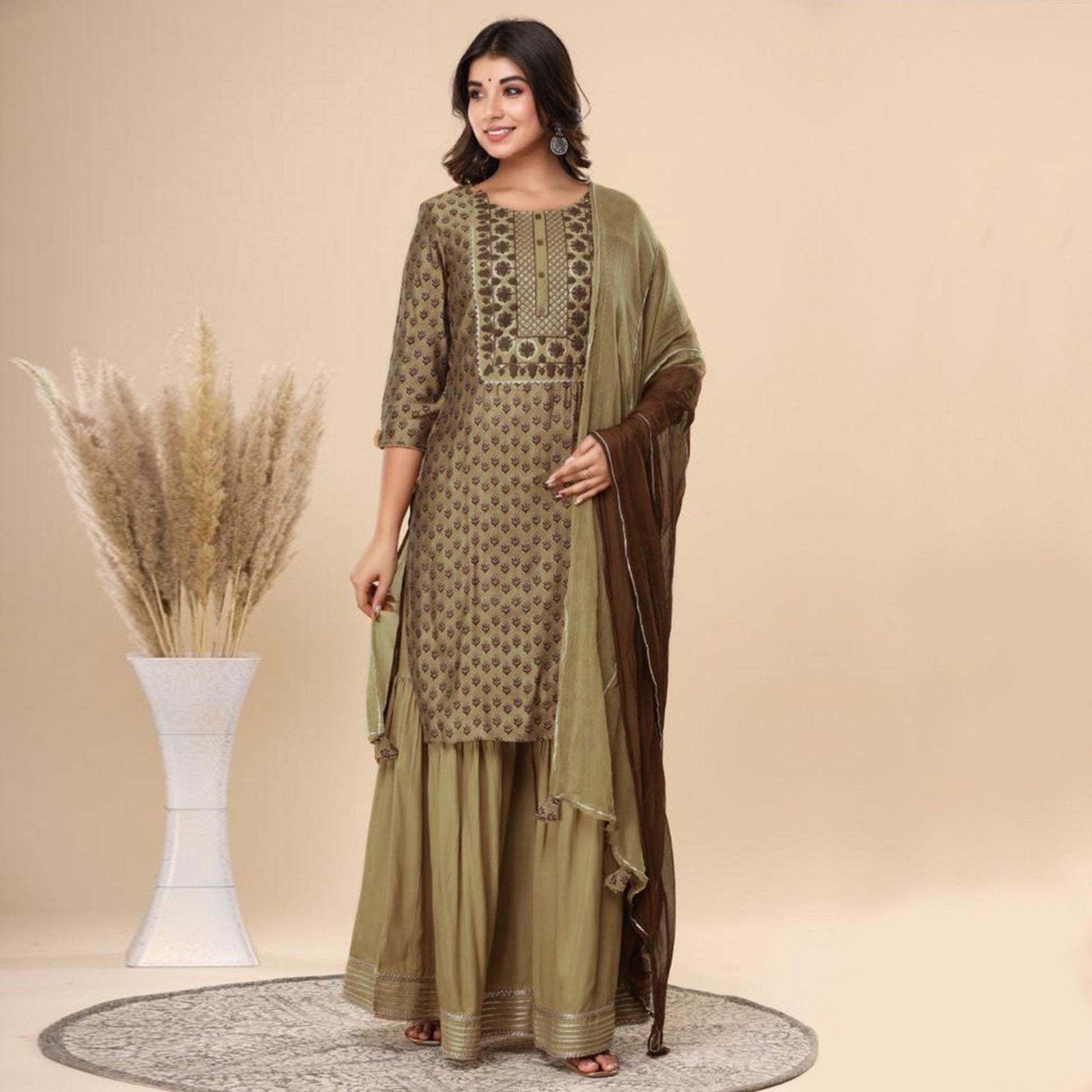 Brown Printed Pure Cotton Sharara Suit