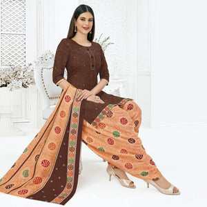 Brown Printed Pure Cotton Stitched Patiala Suit
