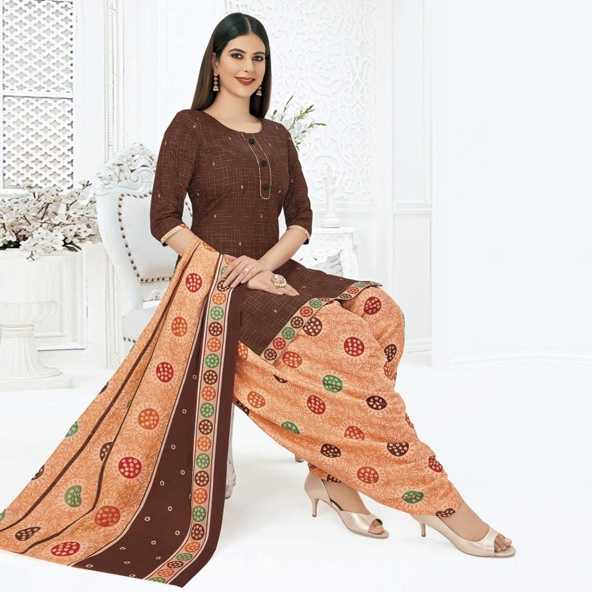 Brown Printed Pure Cotton Stitched Patiala Suit