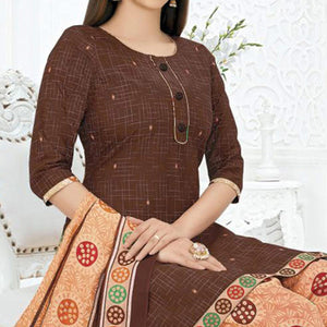 Brown Printed Pure Cotton Stitched Patiala Suit