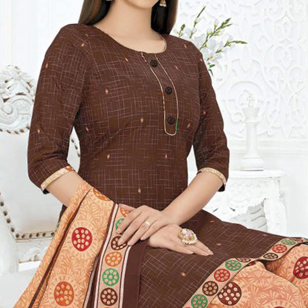 Brown Printed Pure Cotton Stitched Patiala Suit
