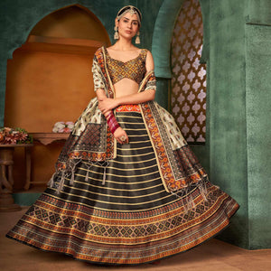 Brown Printed Pure Silk Lehenga Choli