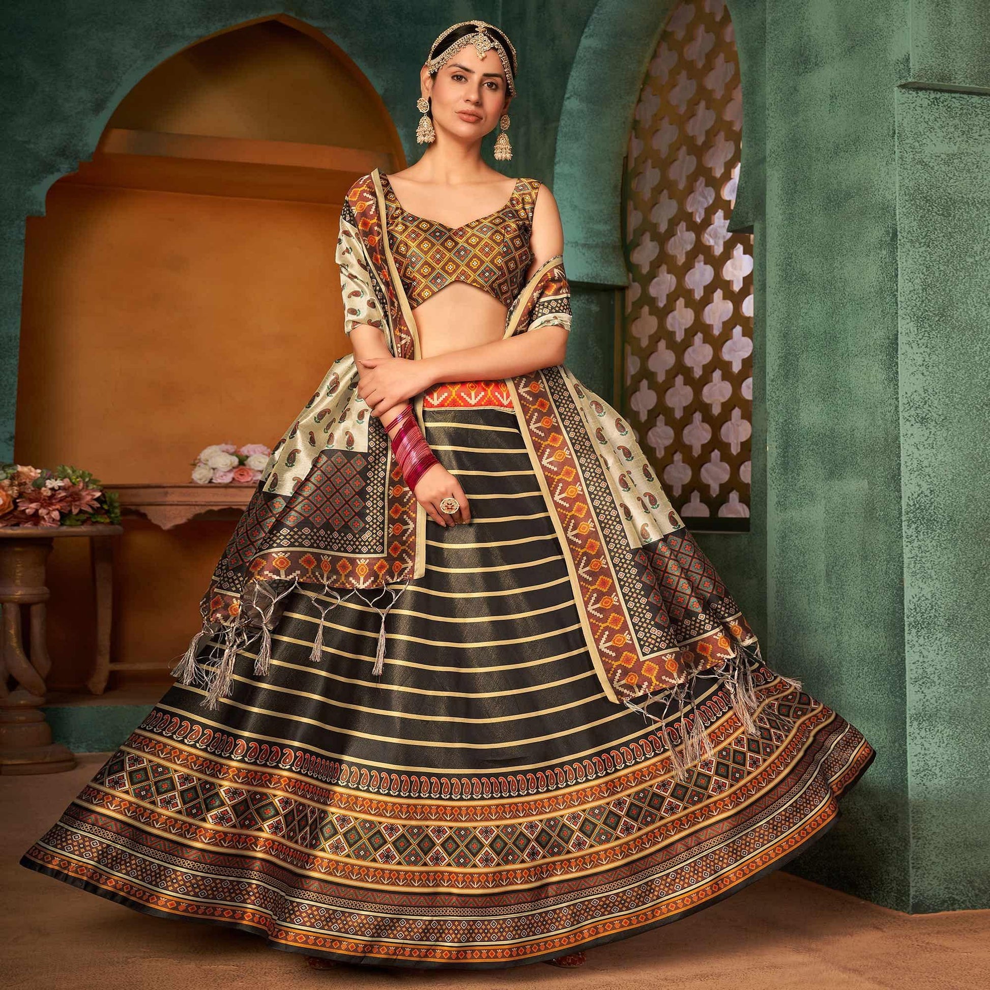 Brown Printed Pure Silk Lehenga Choli