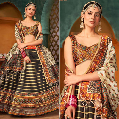 Brown Printed Pure Silk Lehenga Choli