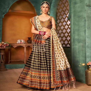 Brown Printed Pure Silk Lehenga Choli