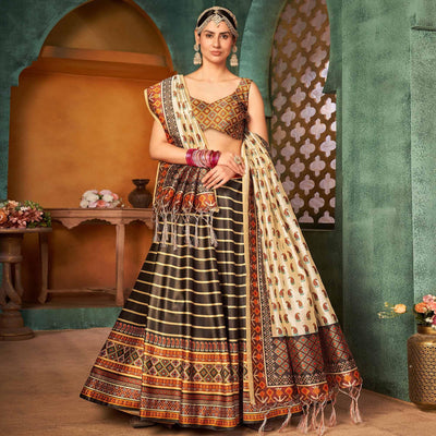 Brown Printed Pure Silk Lehenga Choli