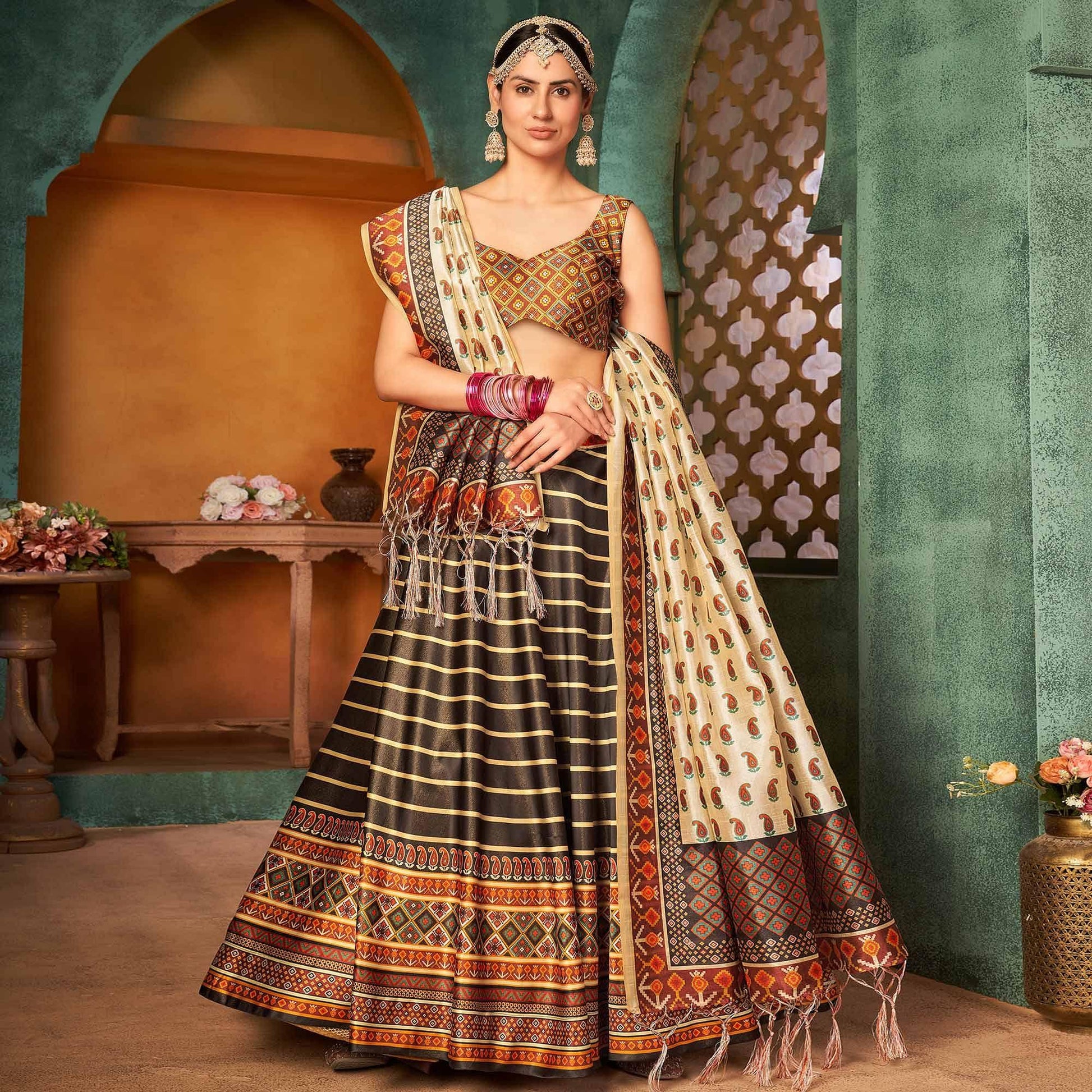 Brown Printed Pure Silk Lehenga Choli