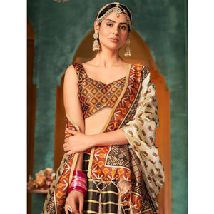 Brown Printed Pure Silk Lehenga Choli