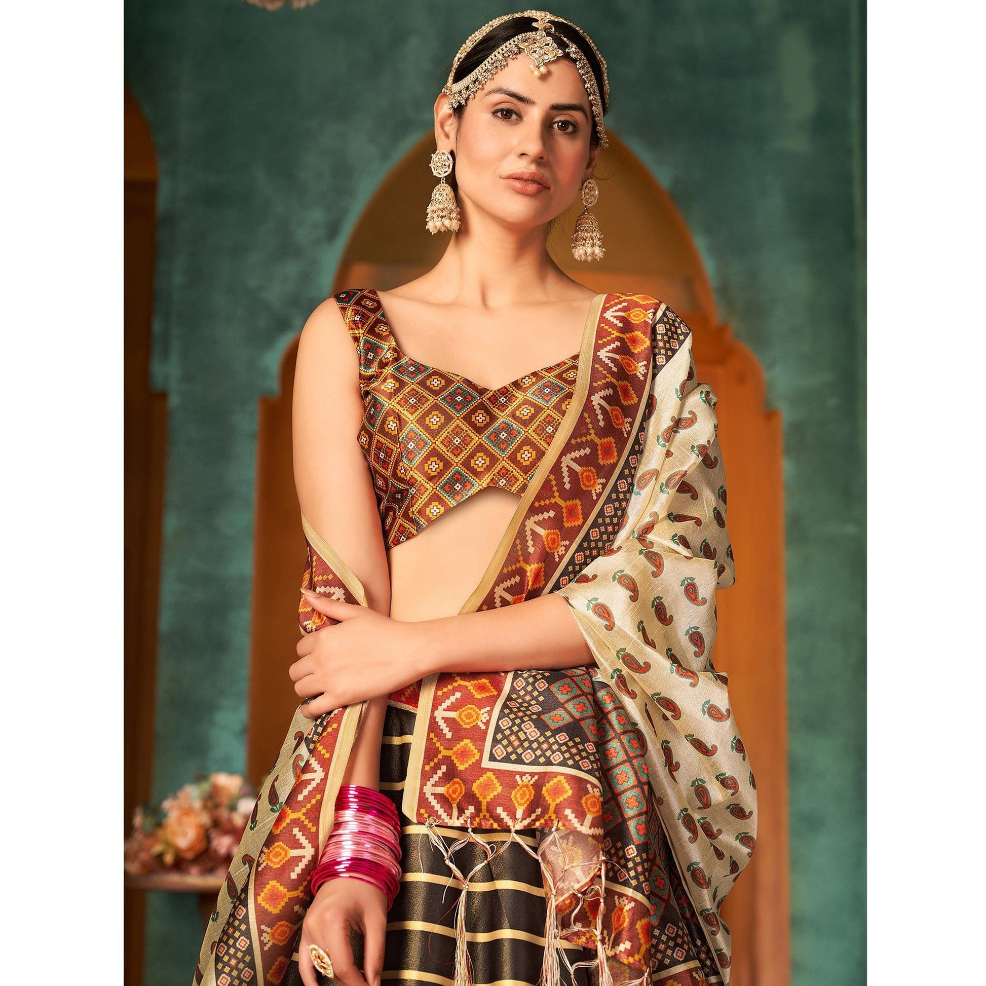 Brown Printed Pure Silk Lehenga Choli