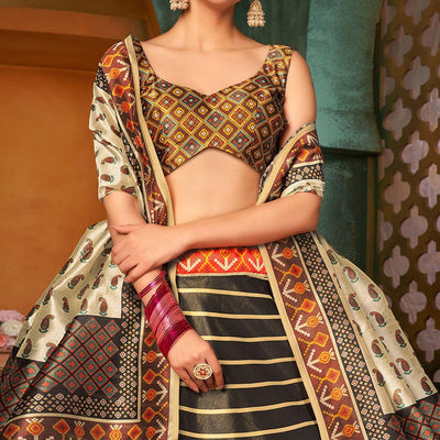 Brown Printed Pure Silk Lehenga Choli