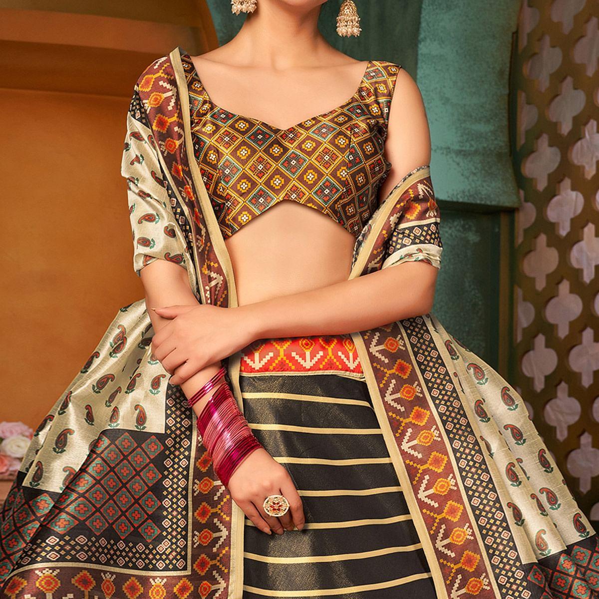 Brown Printed Pure Silk Lehenga Choli