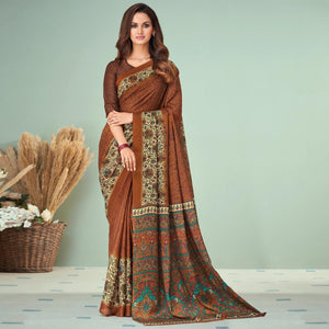 Brown Printed Raw Silk Saree