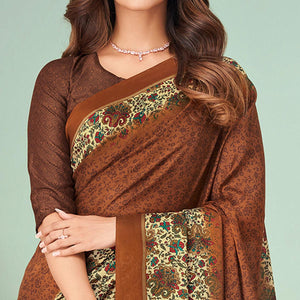 Brown Printed Raw Silk Saree
