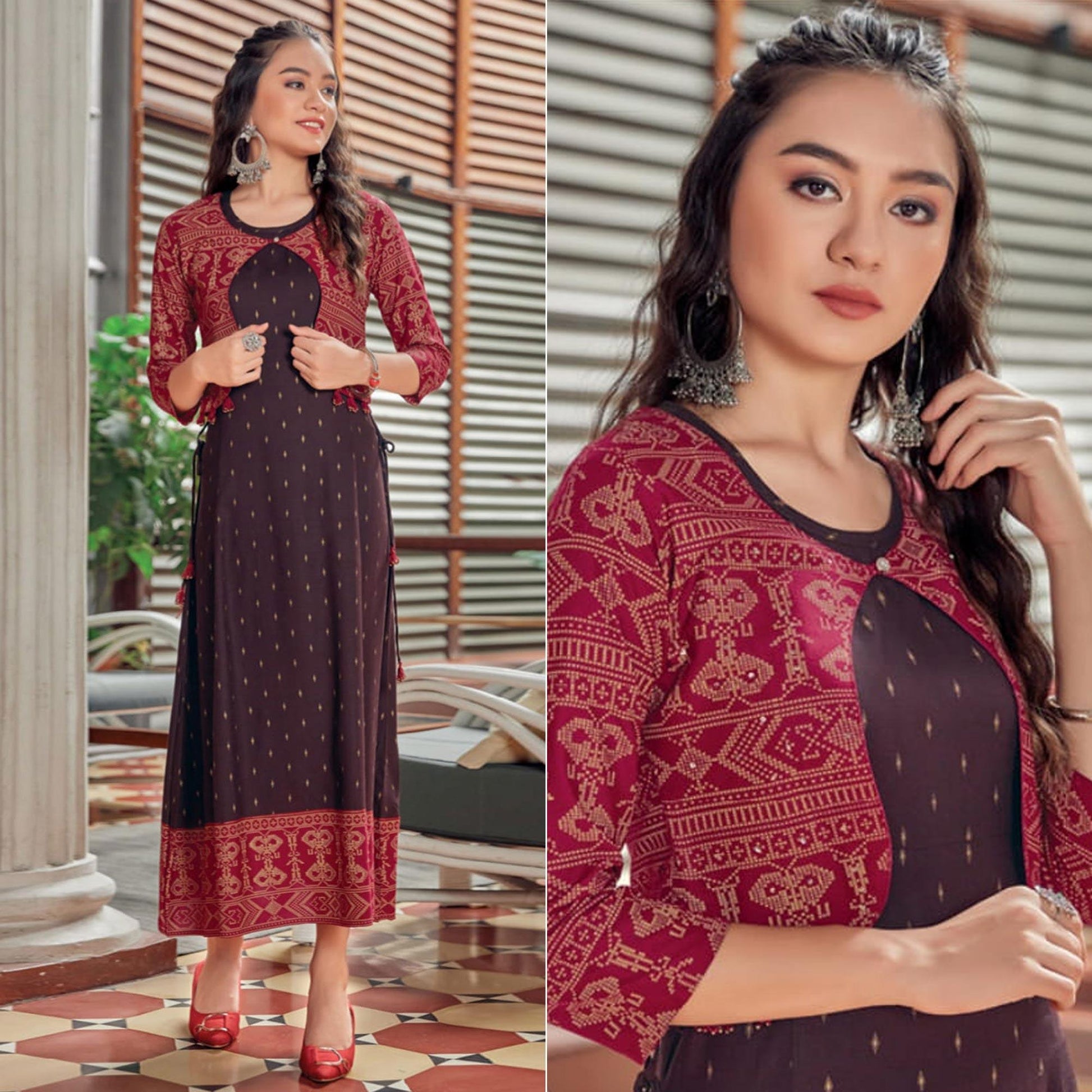 Brown Printed Rayon Anarkali Kurti