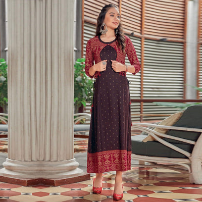 Brown Printed Rayon Anarkali Kurti