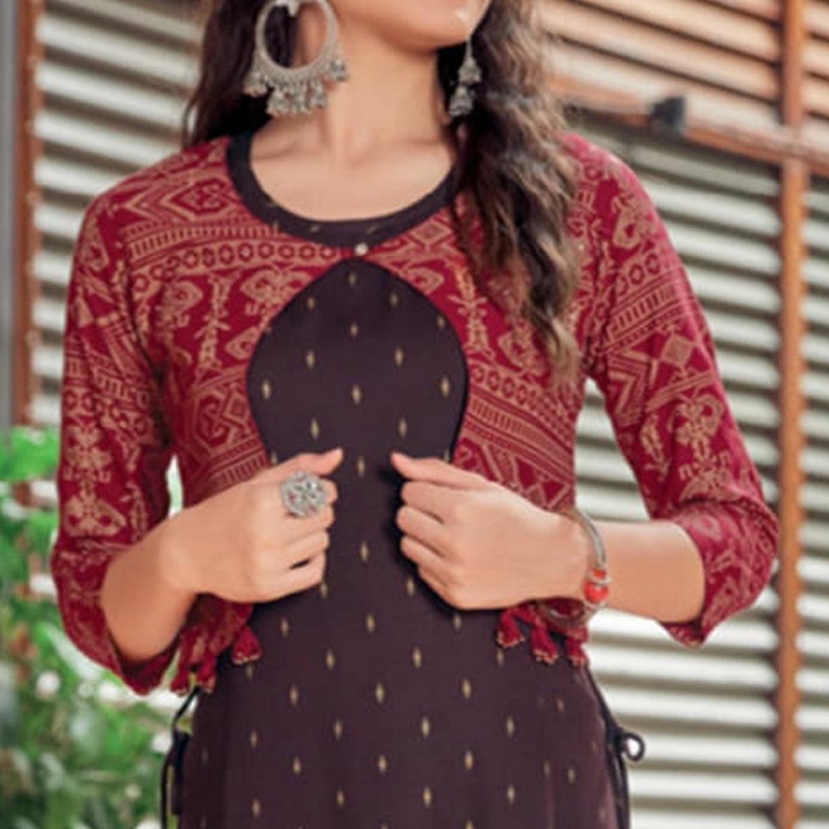 Brown Printed Rayon Anarkali Kurti