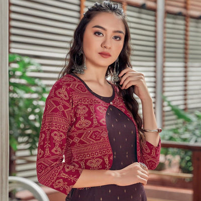 Brown Printed Rayon Anarkali Kurti