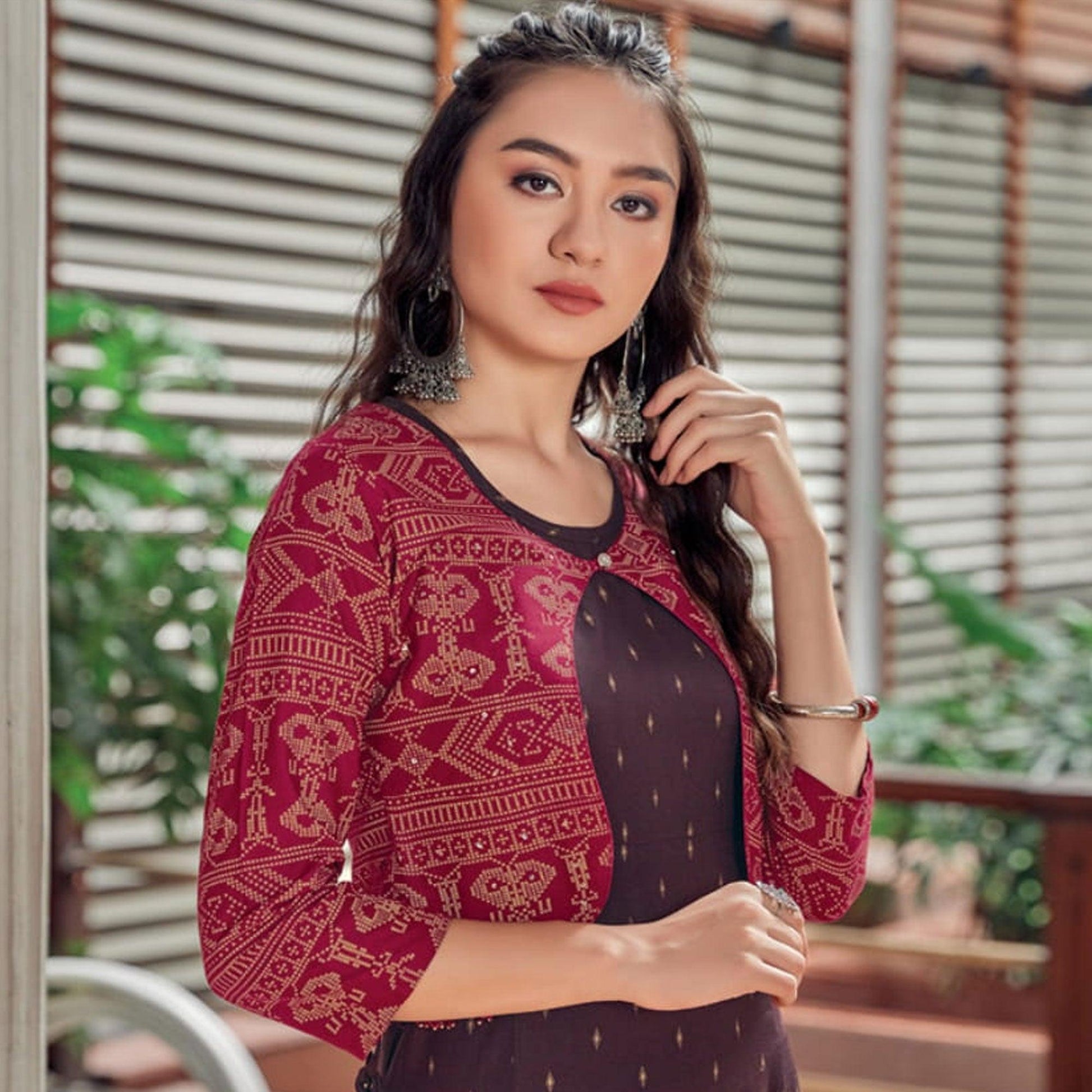 Brown Printed Rayon Anarkali Kurti