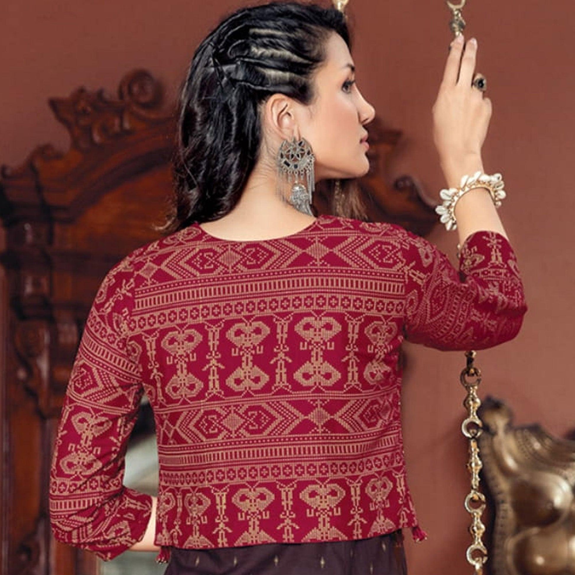 Brown Printed Rayon Anarkali Kurti