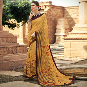 Brown Printed-Sequins Work Georgette Saree