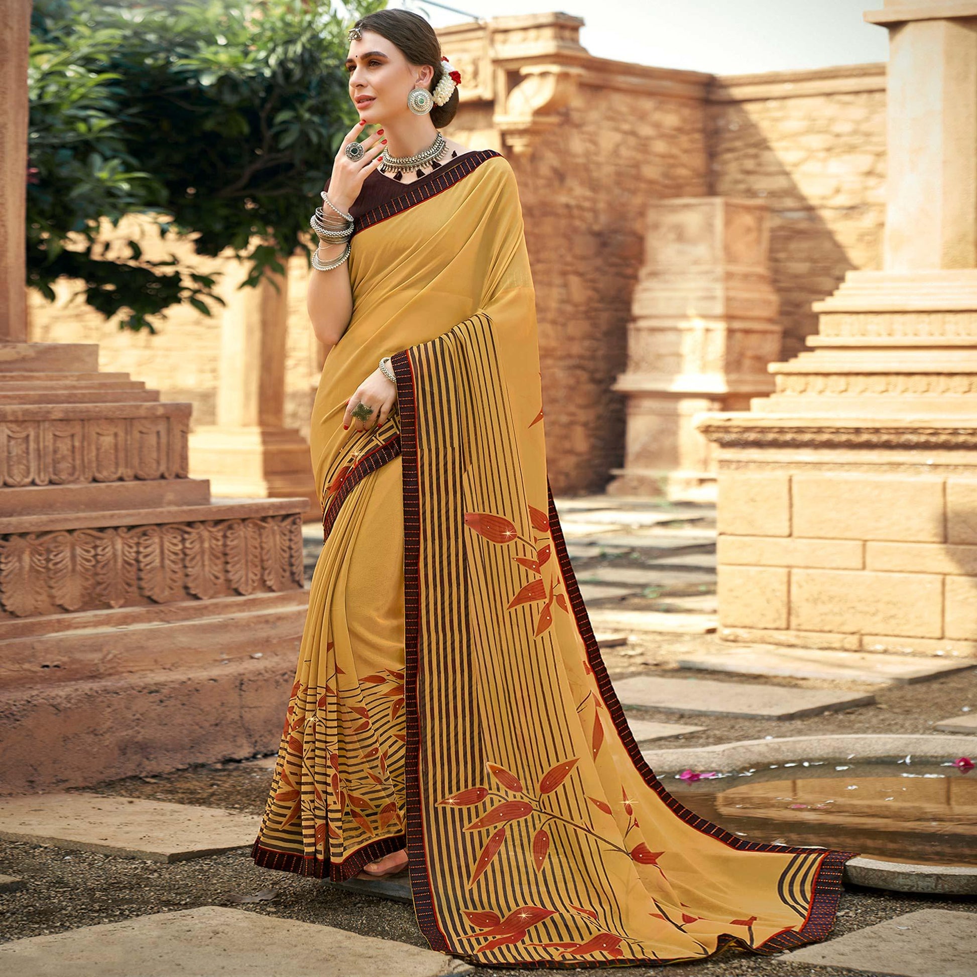 Brown Printed-Sequins Work Georgette Saree