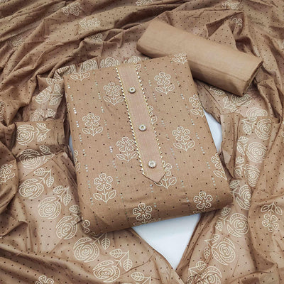 Brown Printed With Embellished Pure Cotton Dress Material