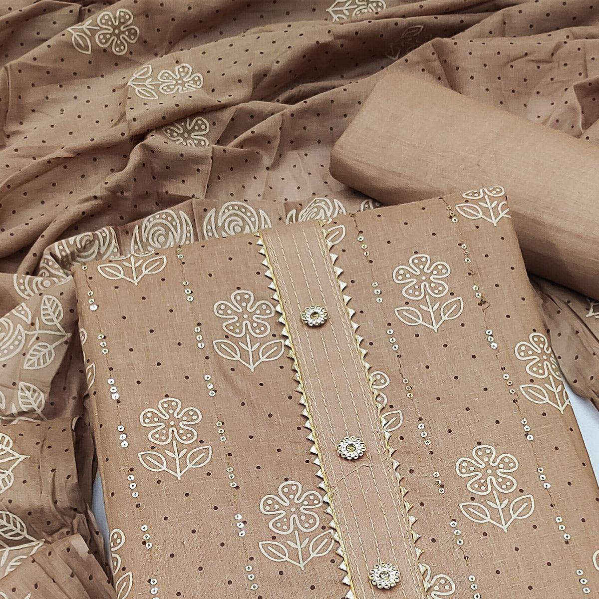 Brown Printed With Embellished Pure Cotton Dress Material