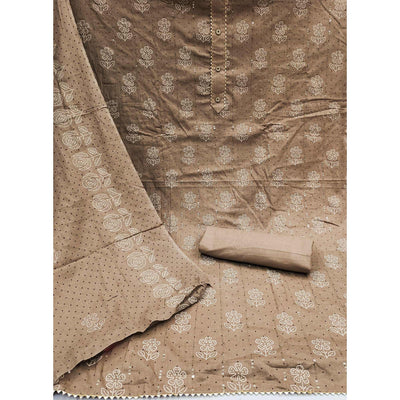 Brown Printed With Embellished Pure Cotton Dress Material