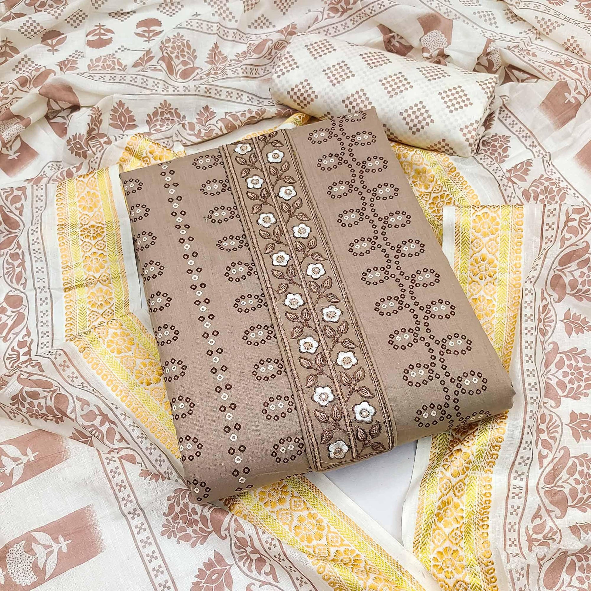 Brown Printed With Embroidered Cotton Blend Dress Material